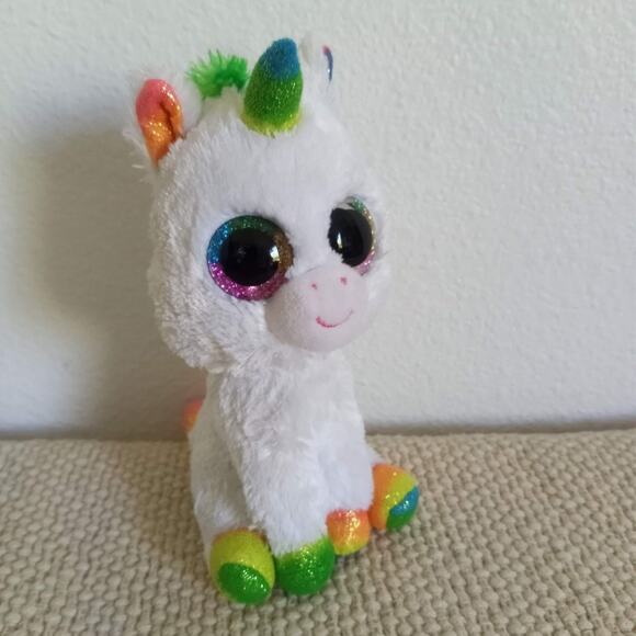 TY Pixy Unicorn TySilk Beanie Boo White Rainbow 7" Large Sparkle Glitter Eyes - Picture 8 of 8